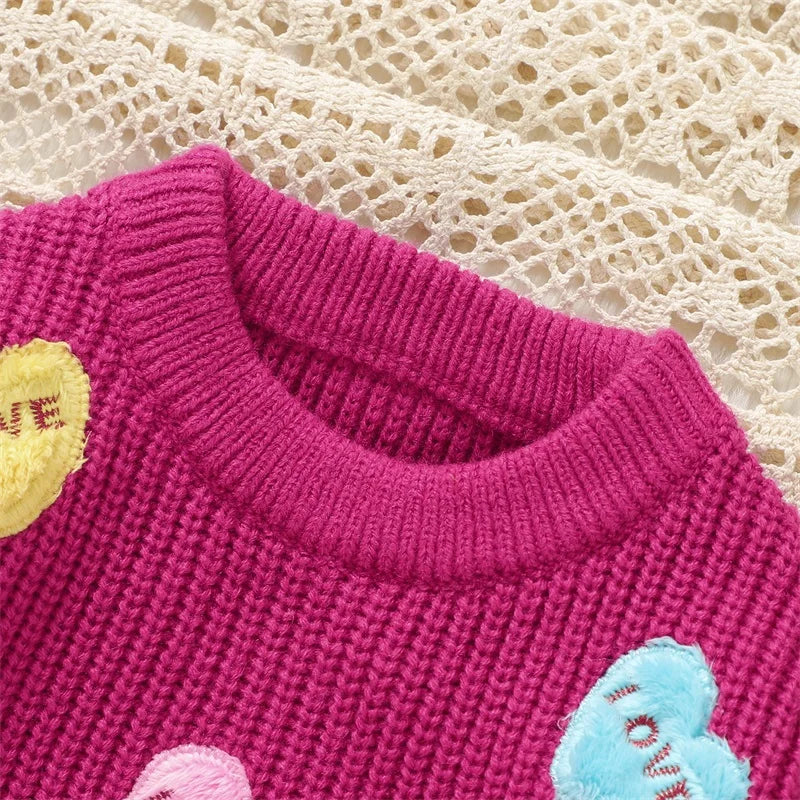 Valentines Day Toddler Heart Pattern Knit Sweater Round Neck
