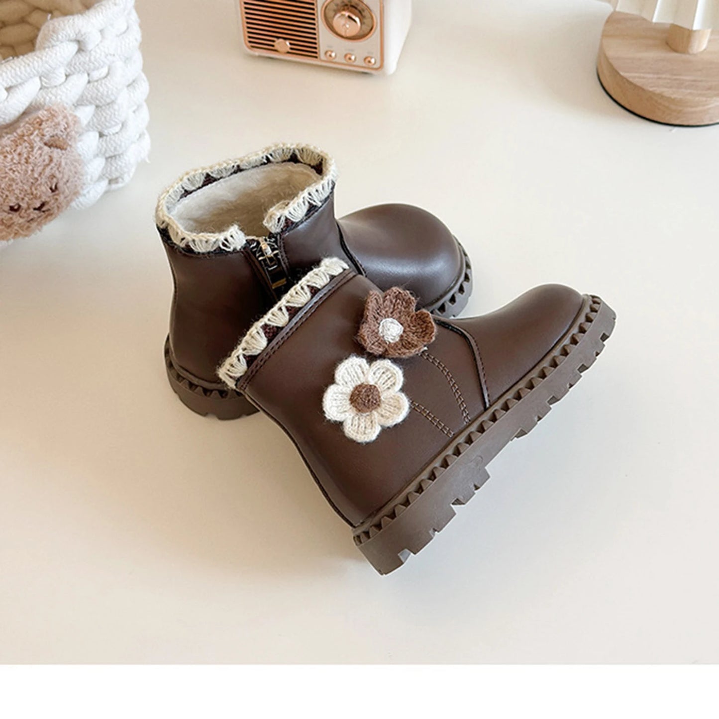 Girls Fleece Lined Winter Boots With Side Zip Anti Slip