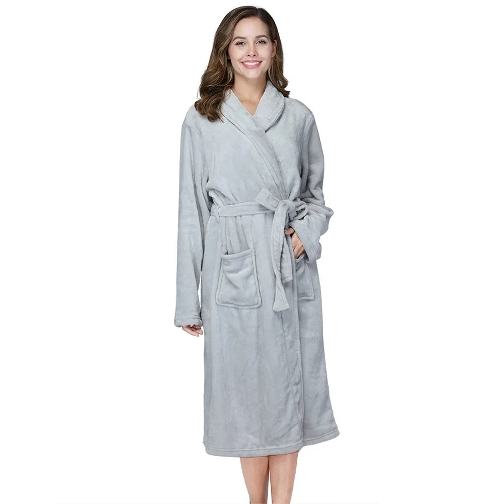 RONGTAICN Women's Winter Flannel Bathrobe Lapel Long Sleeve