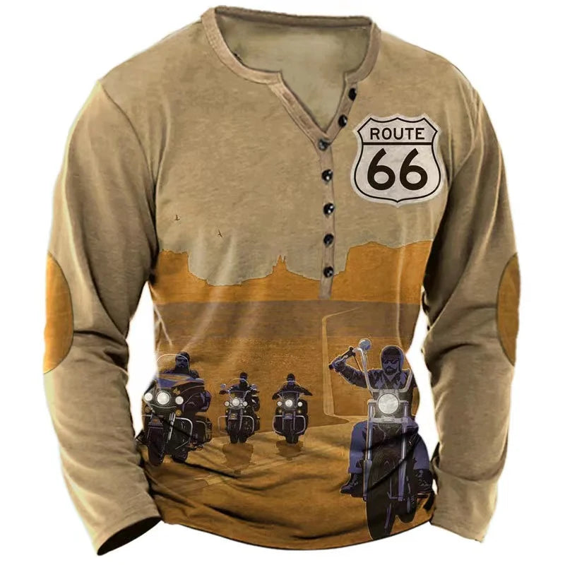 Vintage Route 66 Graphic Long Sleeve Tee Mens Casual
