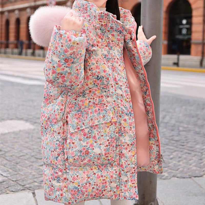 Girls Duck Down Hooded Winter Coat With Floral Print Outerwear
