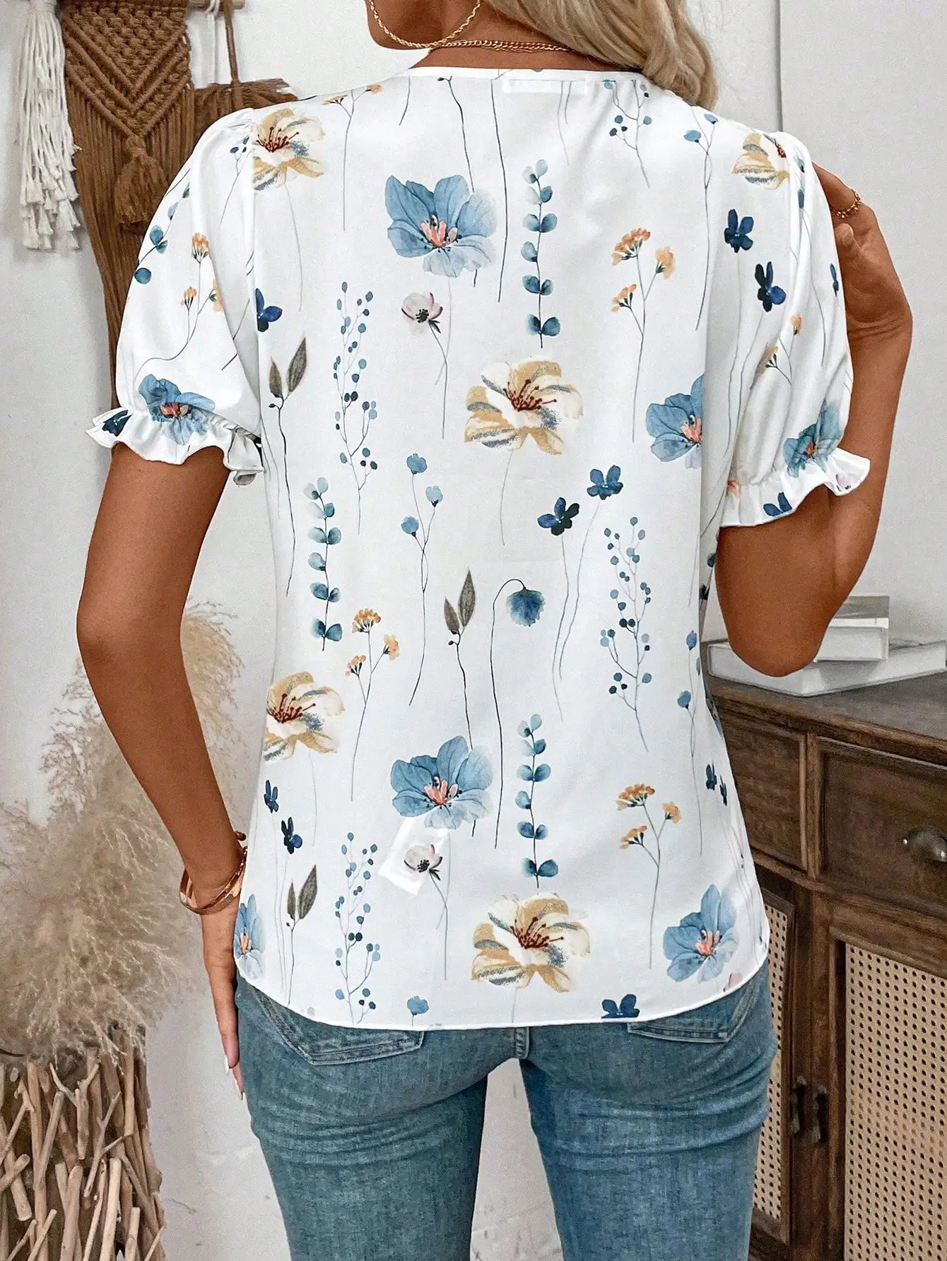 Womens Floral Print Lace Trim Puff Sleeve Top Chiffon
