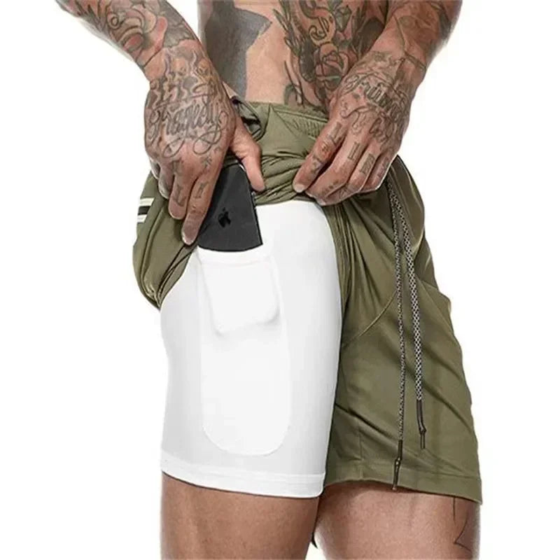 Men Quick Dry Double Layer Fitness Shorts For Gym Training