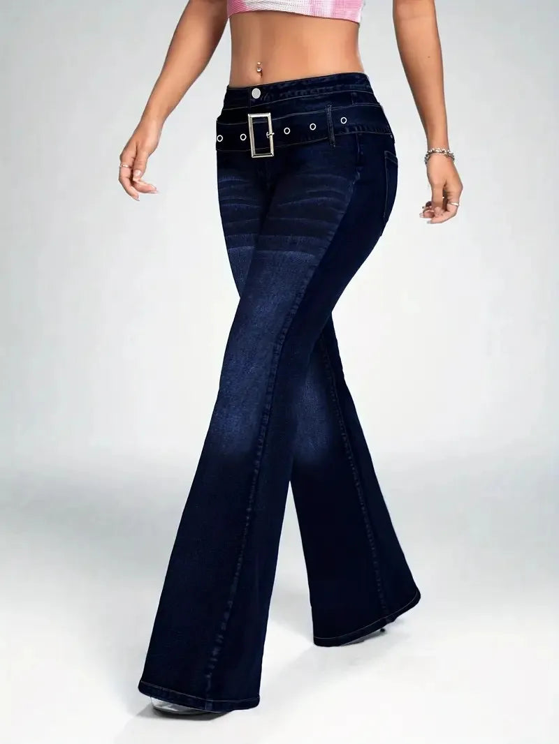 Womens Slim Fit Flare Jeans With Decorative Strap Buckle