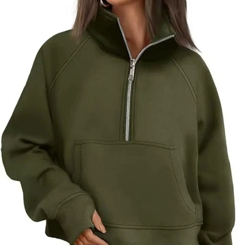 Women's Stand Collar Fleece Hoodie With Pocket Half Zip Pullover