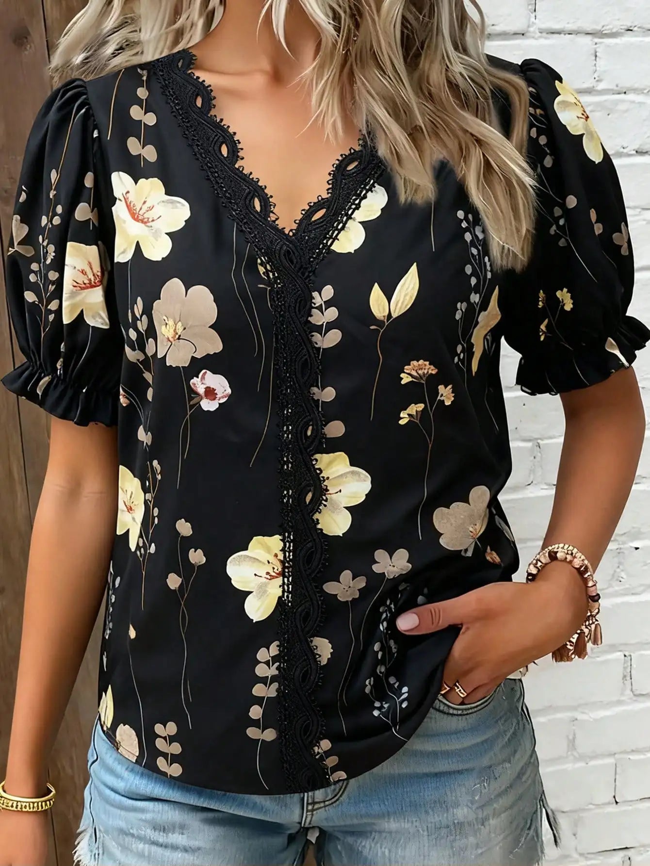 Womens Floral Print Lace Trim Puff Sleeve Top Chiffon