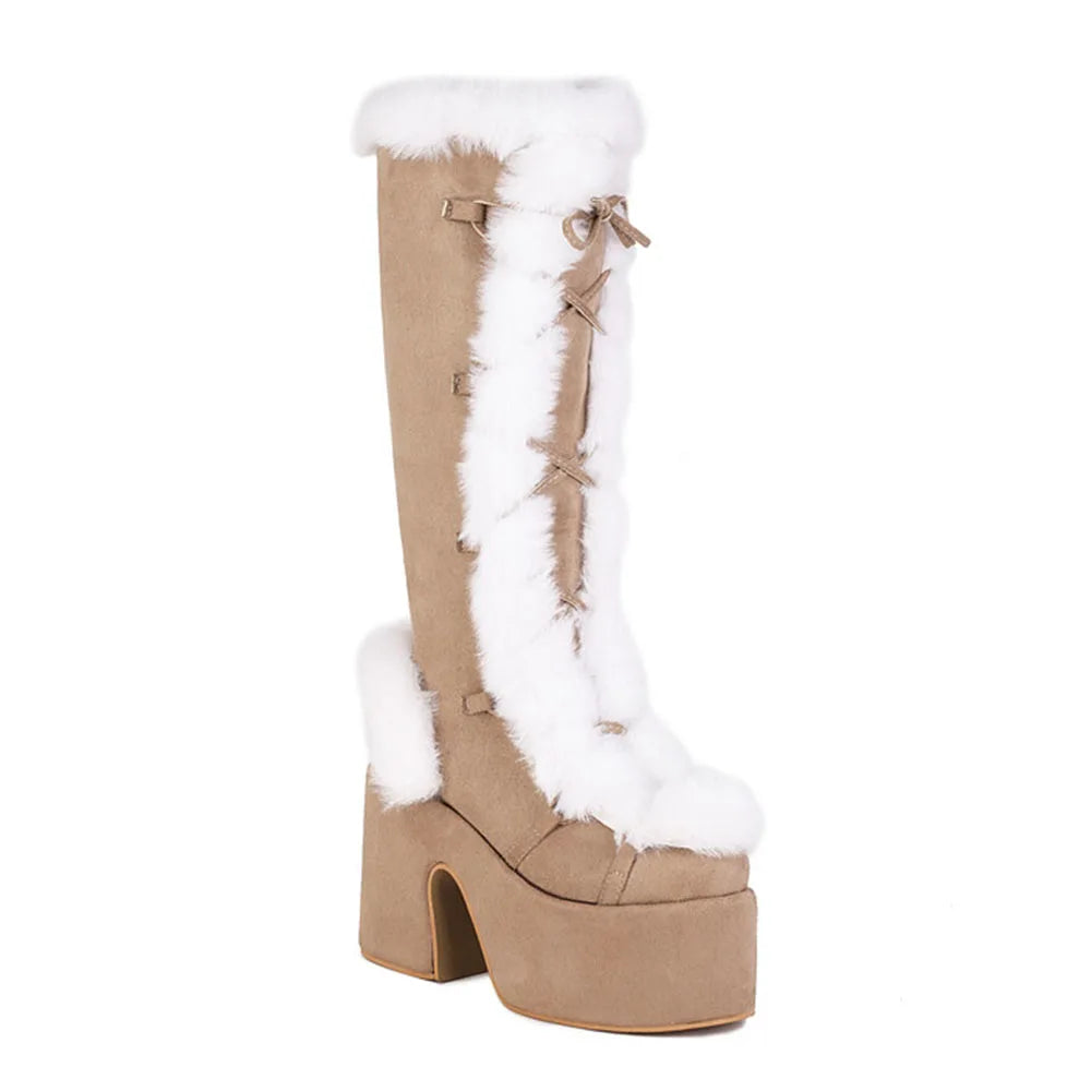 GIGIFOX Fur Super Chunky High Heel Platform Mid Calf Boots For Women