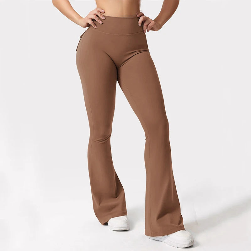 Women's Yoga Flare Trousers High-Waisted Tummy-Control Wide-Leg Pockets