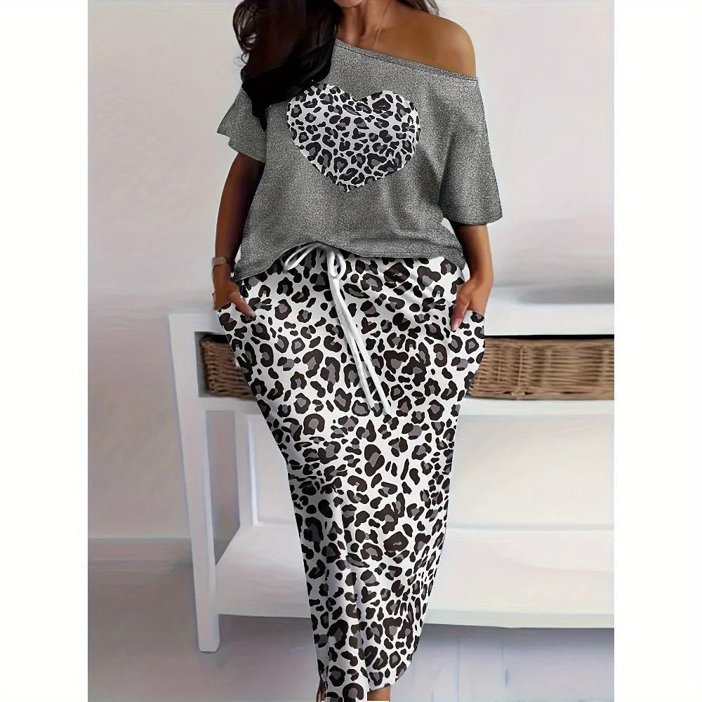 Oversized Leopard Print Heart Shaped Top And Drawstring Skirt Set