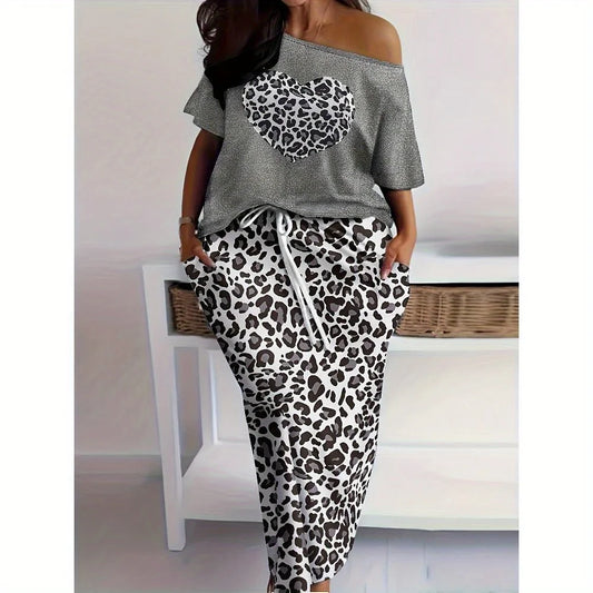 Oversized Leopard Print Heart Shaped Top And Drawstring Skirt Set