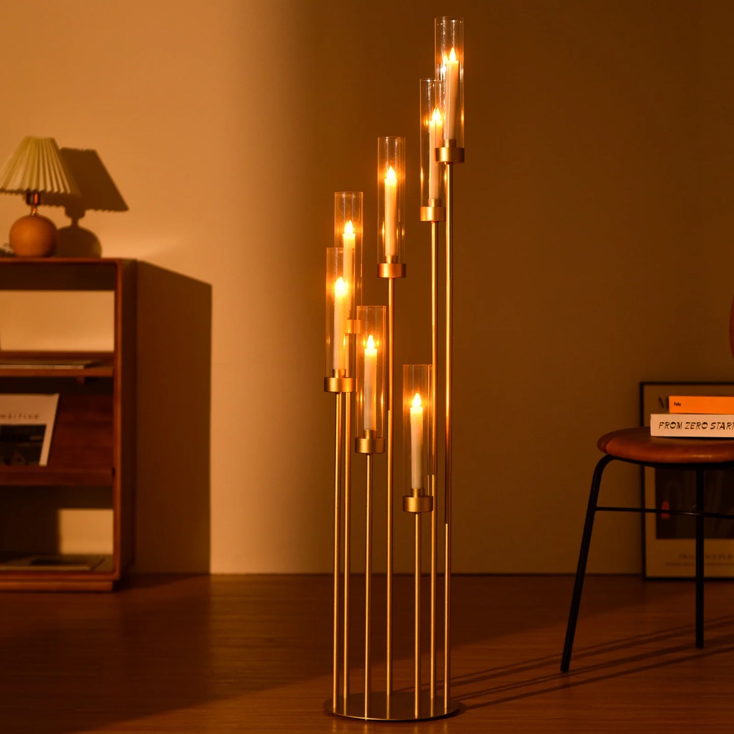 4Sets 7 Arms Floor Candelabra Wedding Centerpieces Gold 48" Tall Metal Candlestick Holders with Acrylic Removable Lampshade