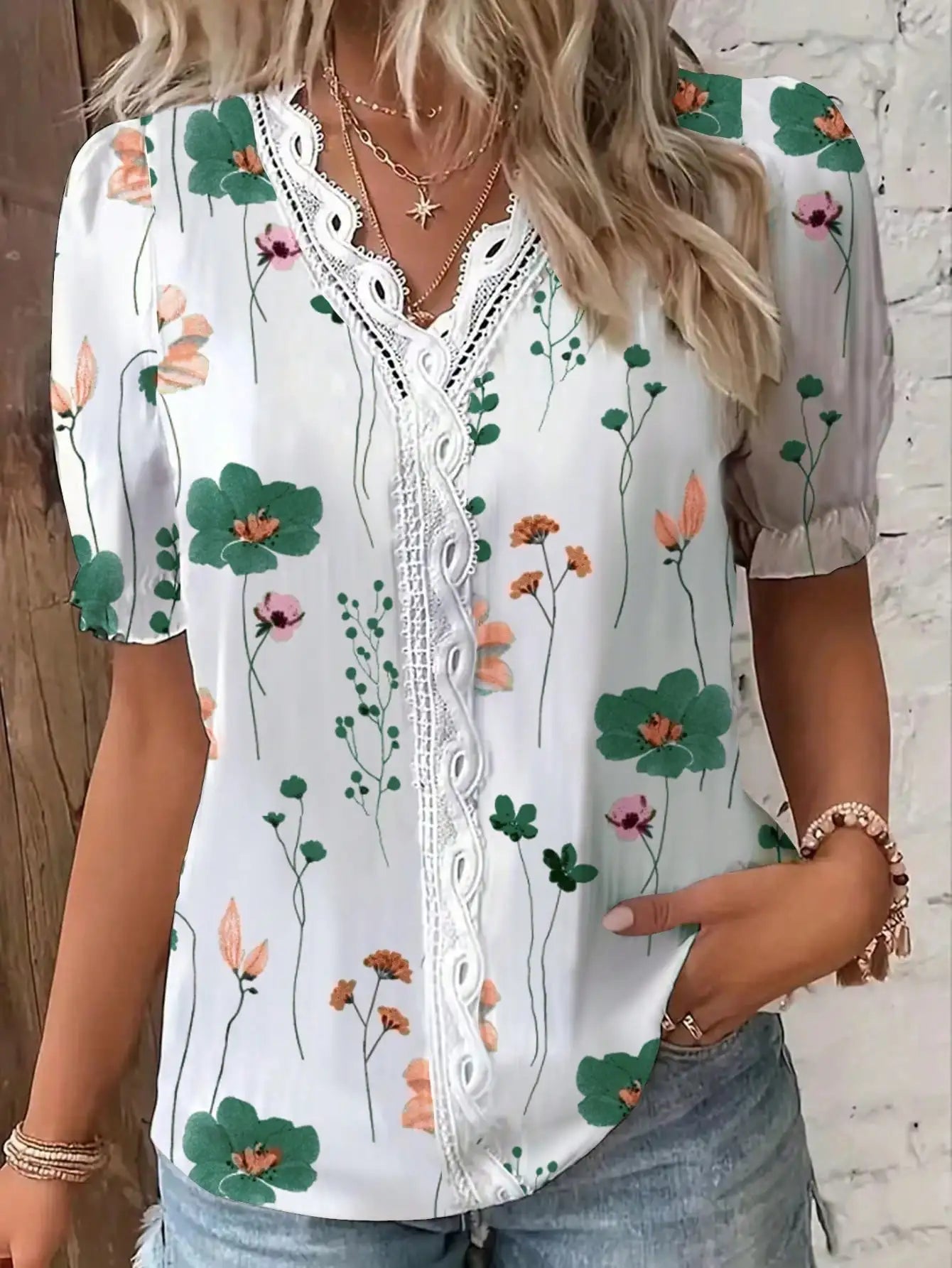 Womens Floral Print Lace Trim Puff Sleeve Top Chiffon