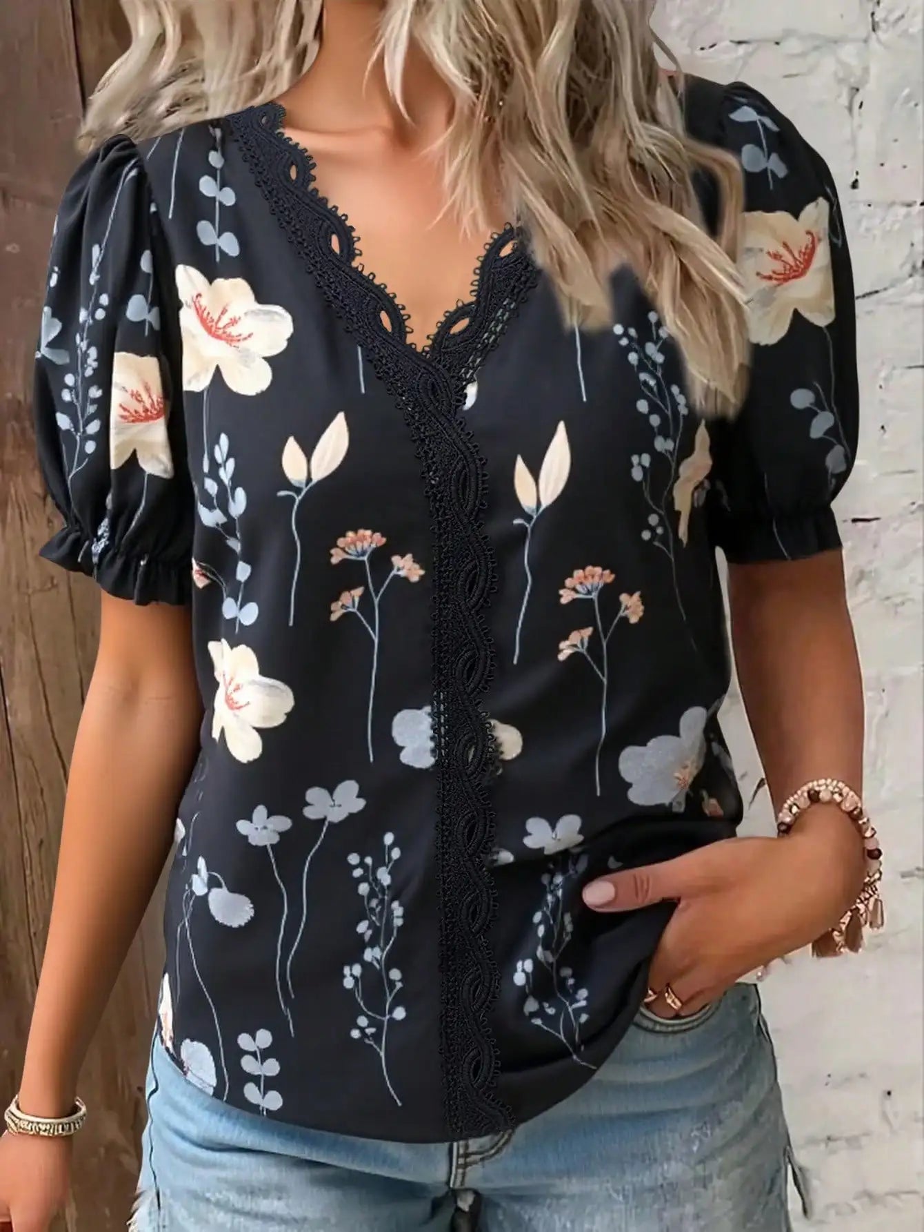 Womens Floral Print Lace Trim Puff Sleeve Top Chiffon