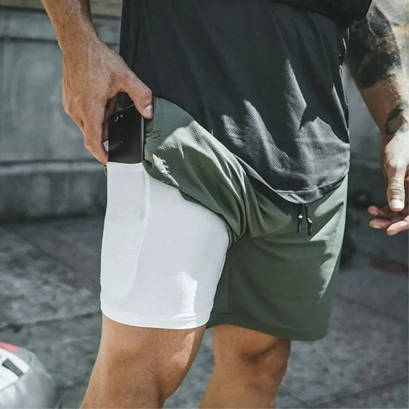 Men Quick Dry Double Layer Fitness Shorts For Gym Training