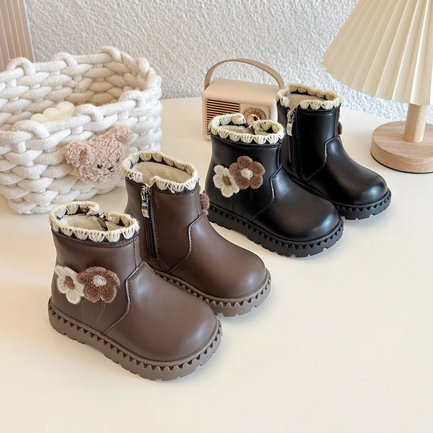 Girls Fleece Lined Winter Boots With Side Zip Anti Slip