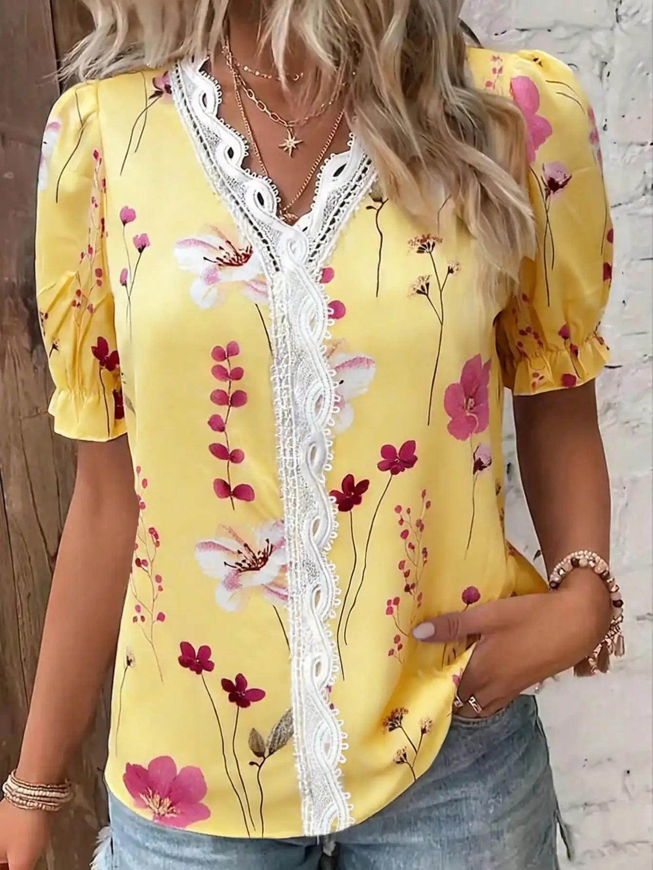 Womens Floral Print Lace Trim Puff Sleeve Top Chiffon