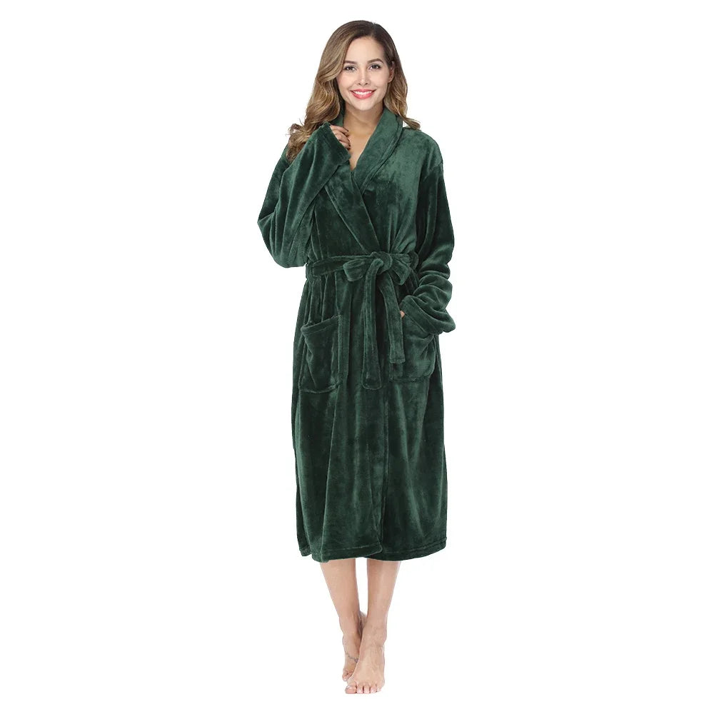 RONGTAICN Women's Winter Flannel Bathrobe Lapel Long Sleeve
