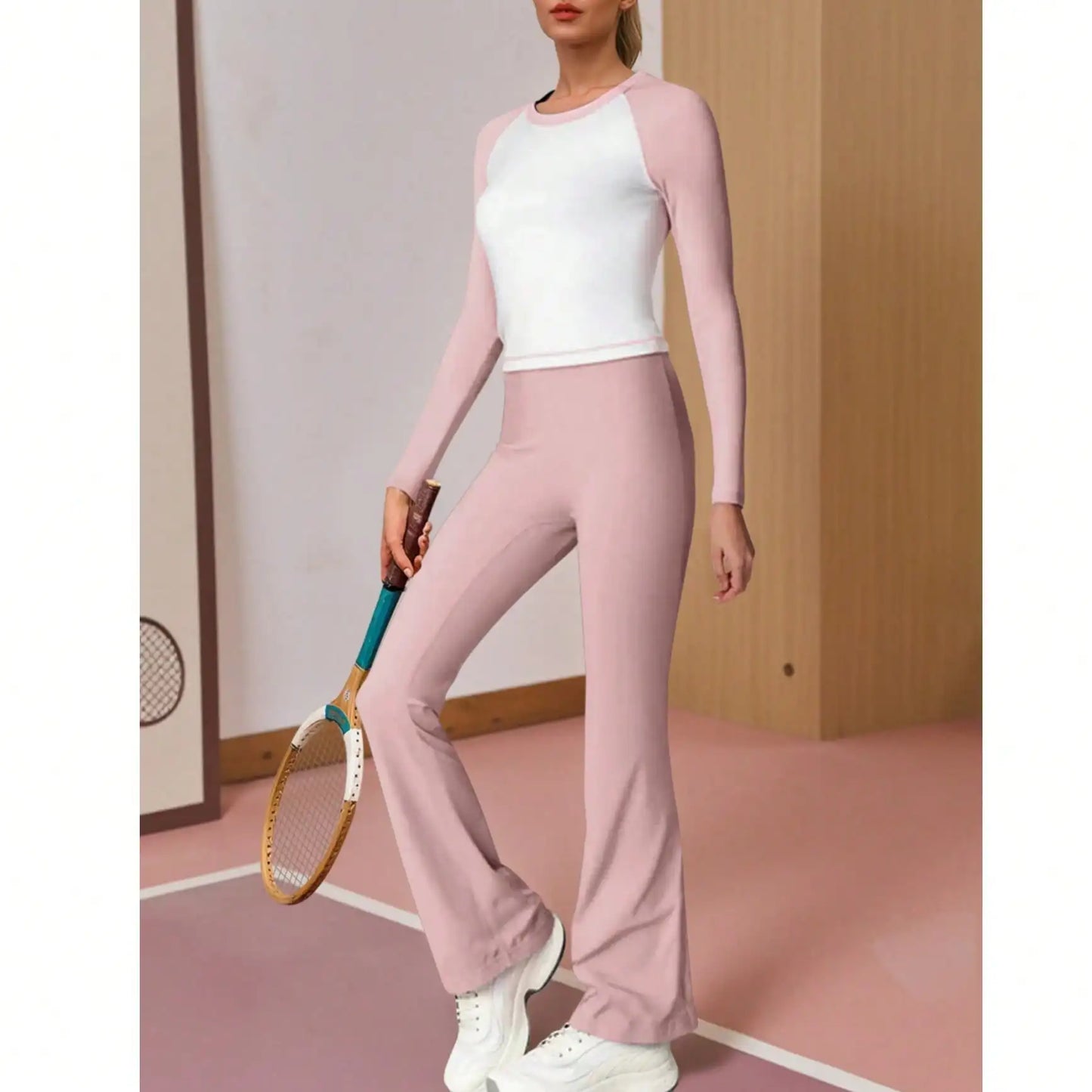 Fisoew Women Contrast Color Top And Flare Pants Sports Set