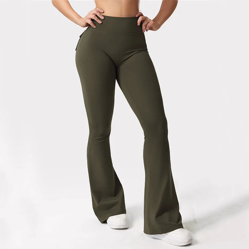 Women's Yoga Flare Trousers High-Waisted Tummy-Control Wide-Leg Pockets