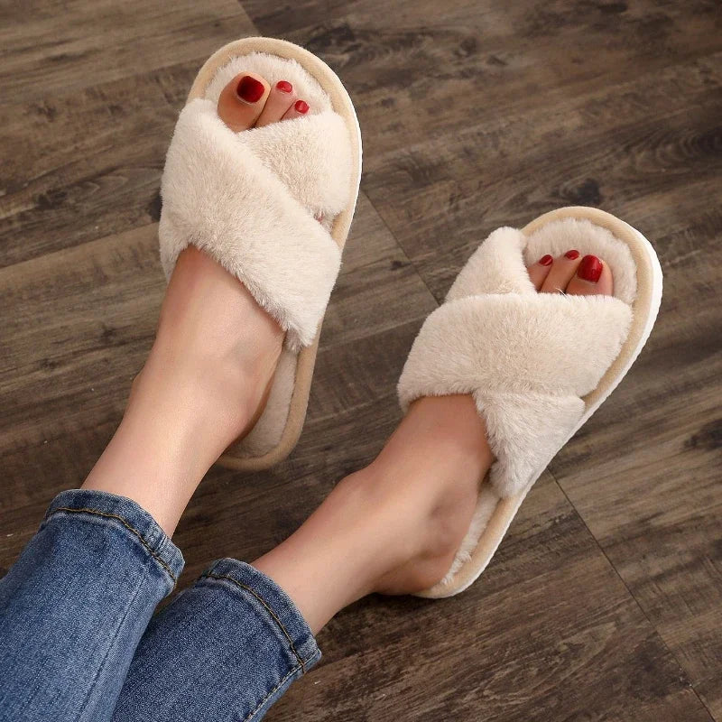 Women Cross Strap Fur Slippers Indoor Plush Home Shoes
