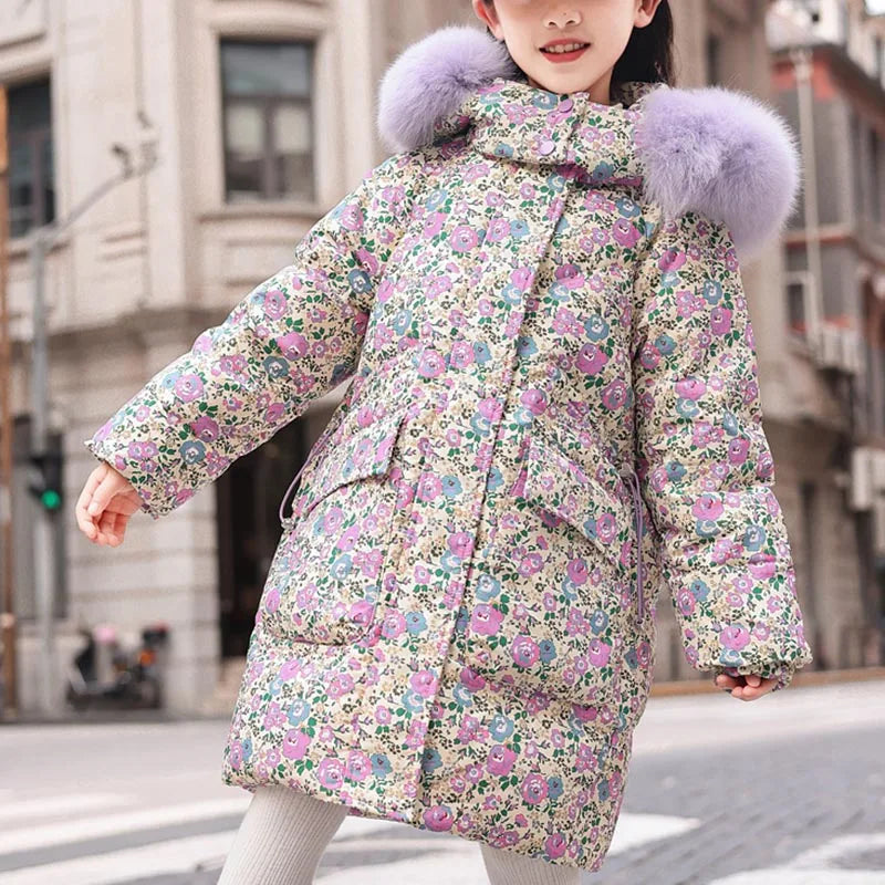 Girls Duck Down Hooded Winter Coat With Floral Print Outerwear