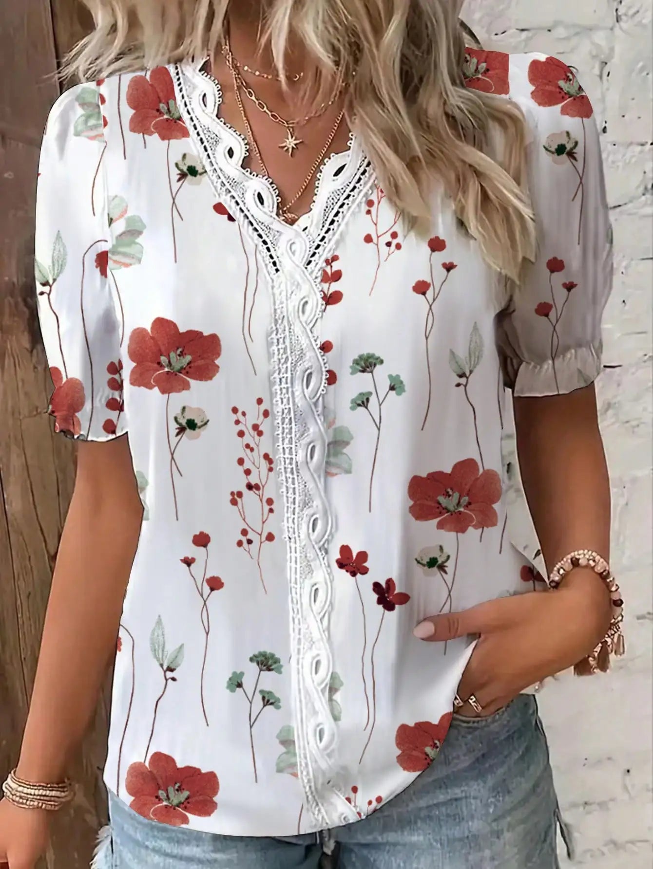 Womens Floral Print Lace Trim Puff Sleeve Top Chiffon