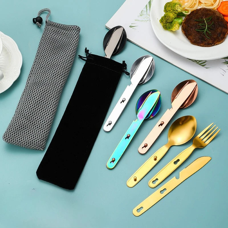 Stainless Steel Folding Camping Cutlery Set Compact Travel Kit