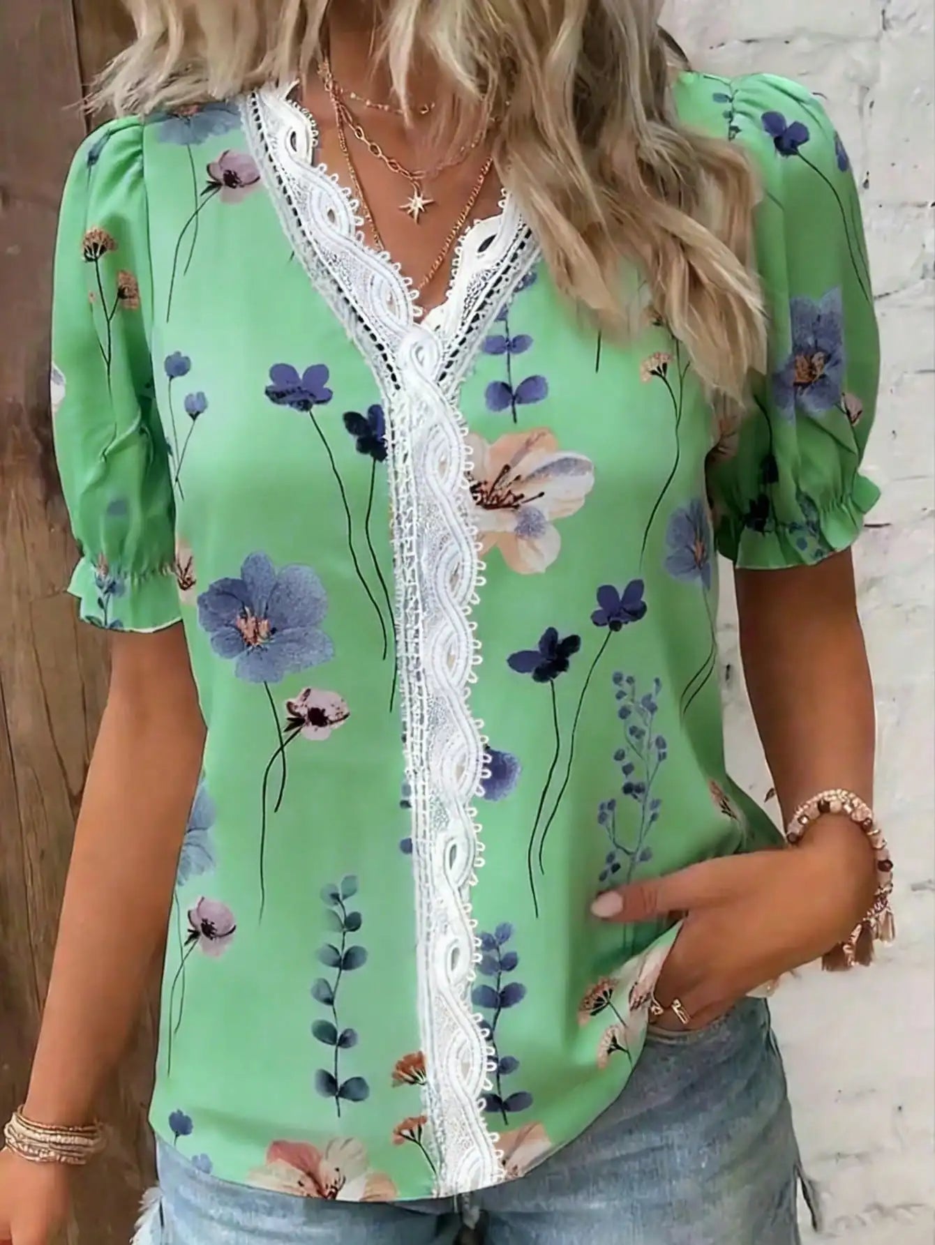 Womens Floral Print Lace Trim Puff Sleeve Top Chiffon