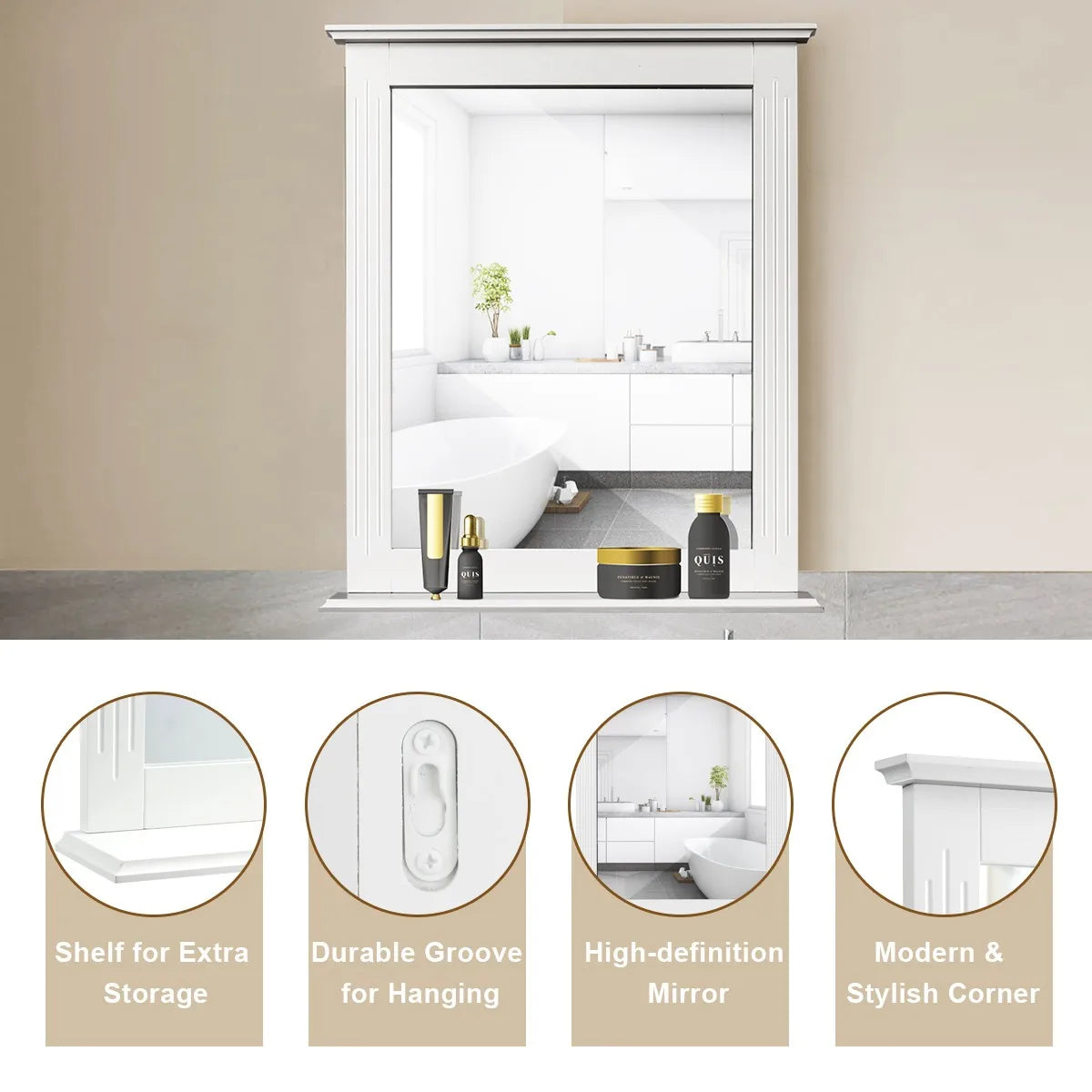 Hign-concerned Bathroom Wall Mirror With Shelf Square Vanity Mirror