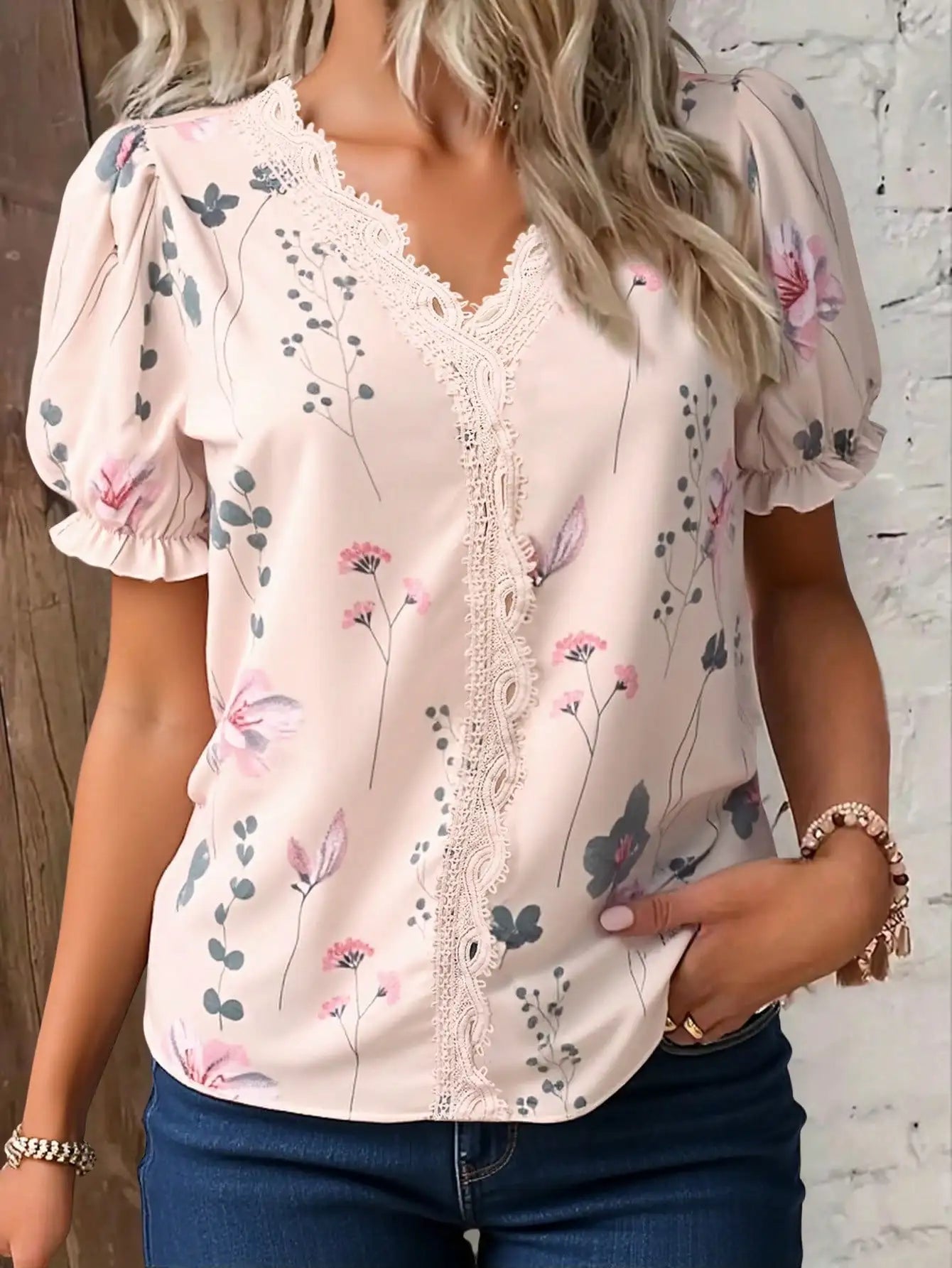 Womens Floral Print Lace Trim Puff Sleeve Top Chiffon