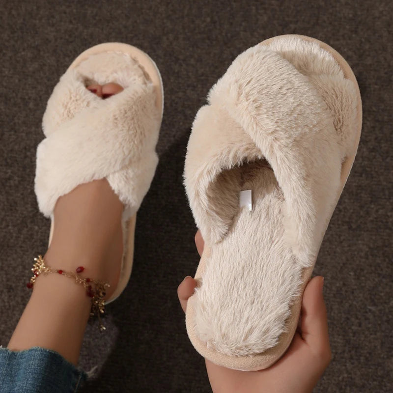 Women Cross Strap Fur Slippers Indoor Plush Home Shoes