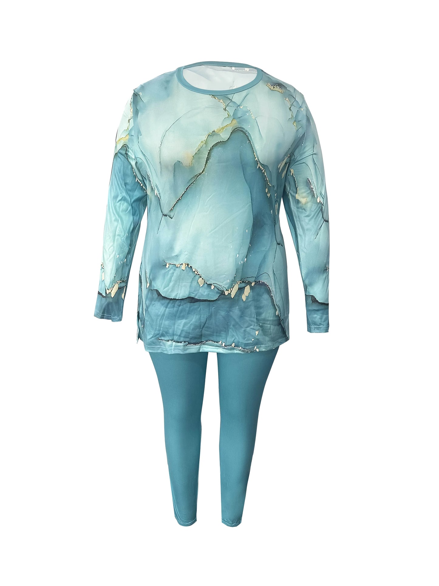 Marble Print Two-Piece Suit With Slit Long Sleeve Pants