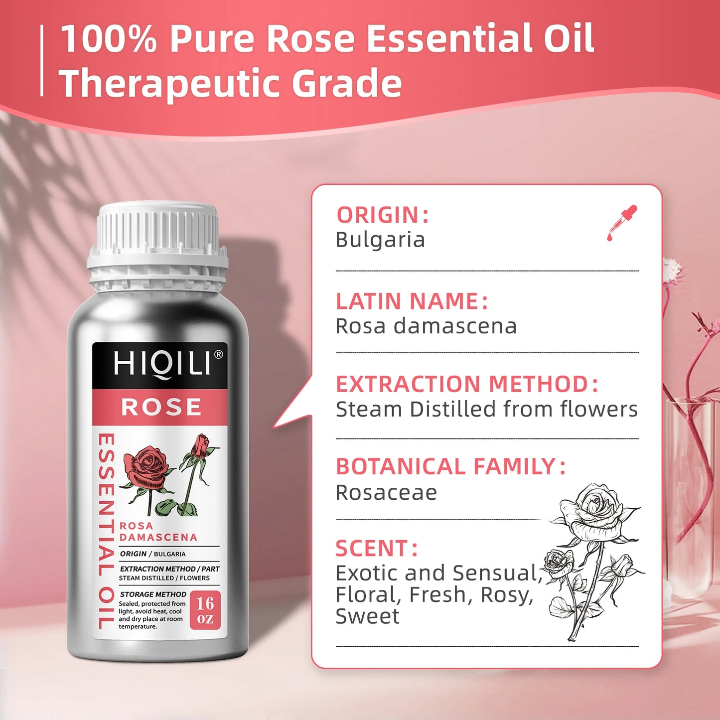 HIQILI Pure Rose Essential Oil for Diffuser Aromatherapy Skin Care