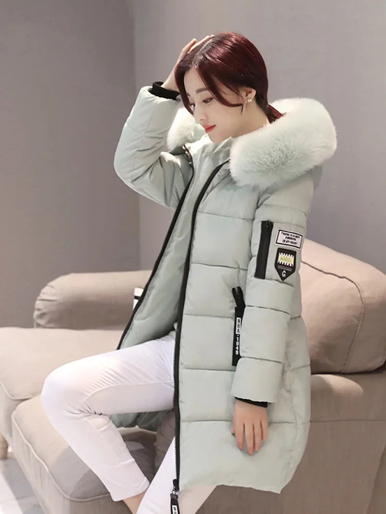 Winter Warm Fur Collar Hooded Parka For Women With Zipper Pockets