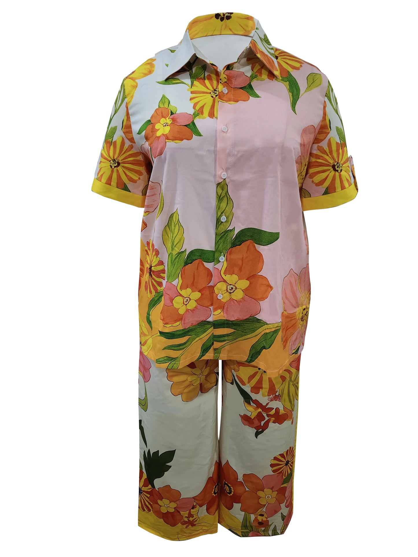 Floral Women's Beach Set With Sleeve Straps And Button Details
