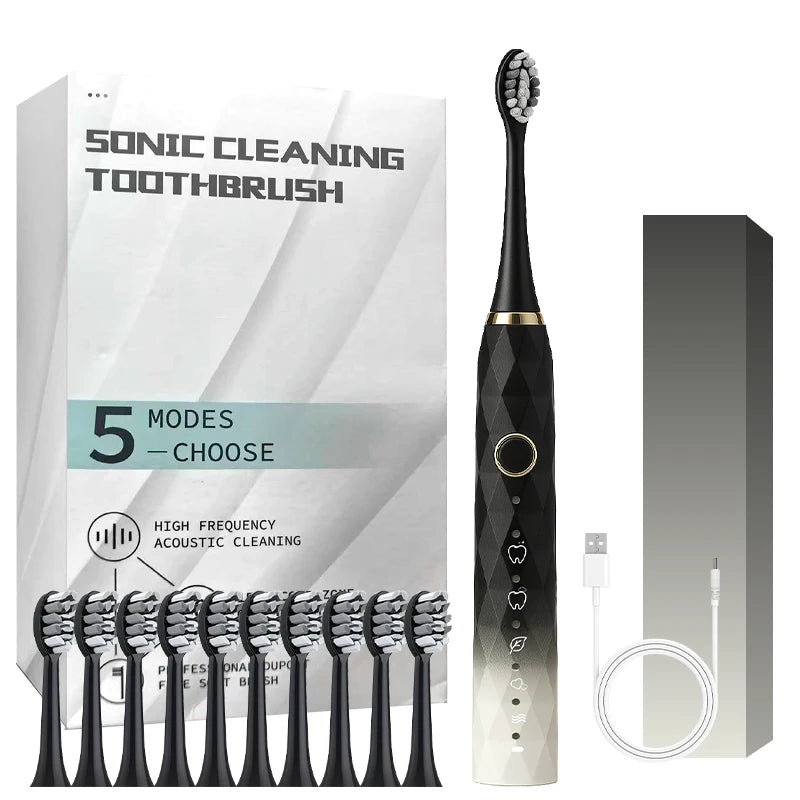 Electric Rotary Toothbrush With Timer USB Rechargeable 10 Heads Waterproof