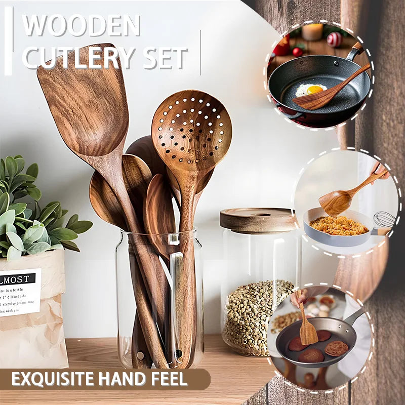 Teak Wood Utensil Set 5-Piece Kitchen Tools For Home Chefs