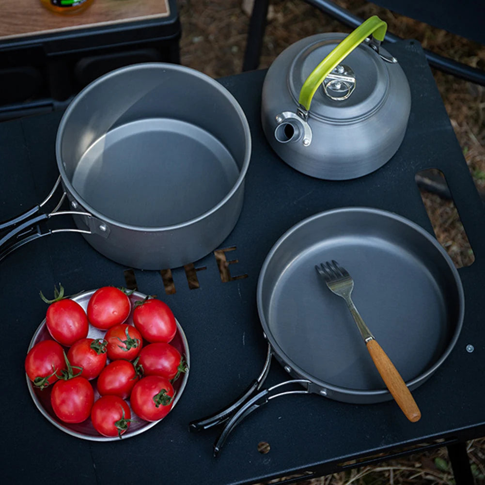 APWIKOGER Camping Cookware Set 3 Piece Outdoor Pot Pan Kettle With Mesh Bag