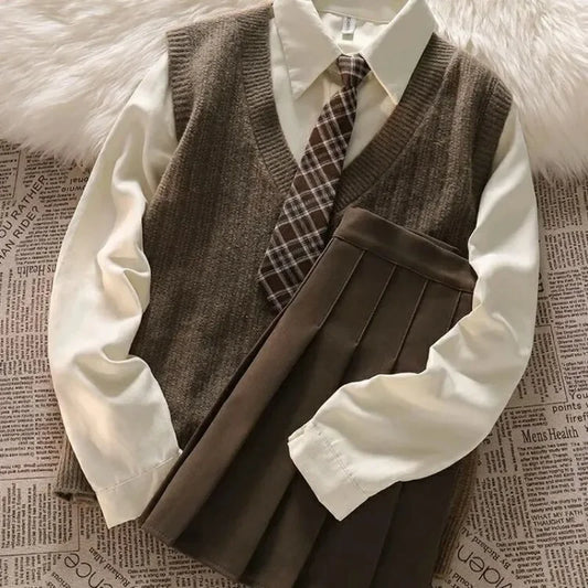 Teenage Girl Clothing Set Spring and Autumn Fashion Children's Knitted Sweater Tank Top Shirt Half Skirt 3-Piece Set JK Suit