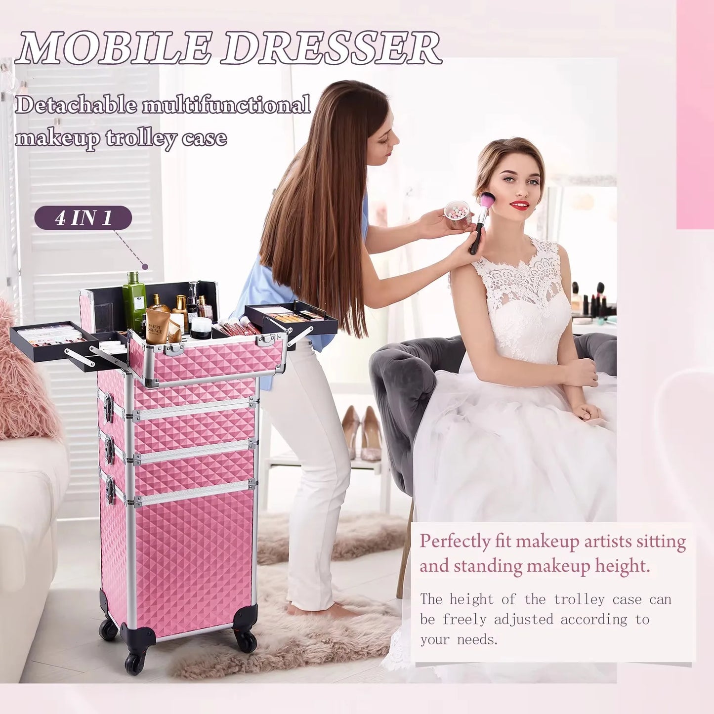 Maxulene Makeup Trolley Case 4 In 1 Detachable Alloy On Wheels