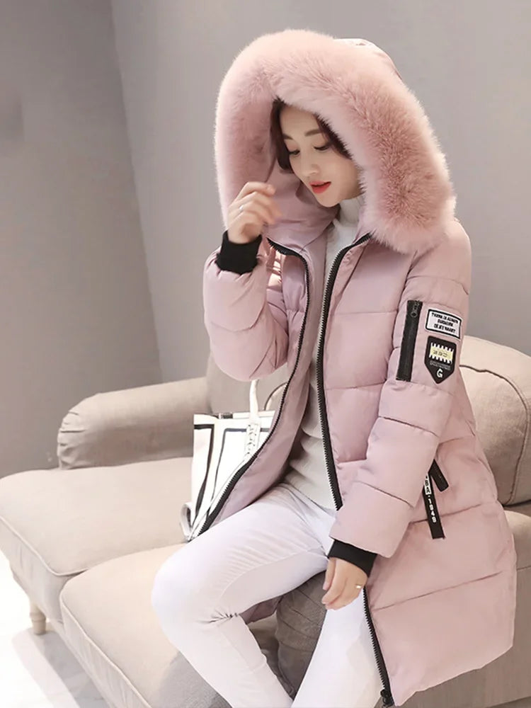 Winter Warm Fur Collar Hooded Parka For Women With Zipper Pockets