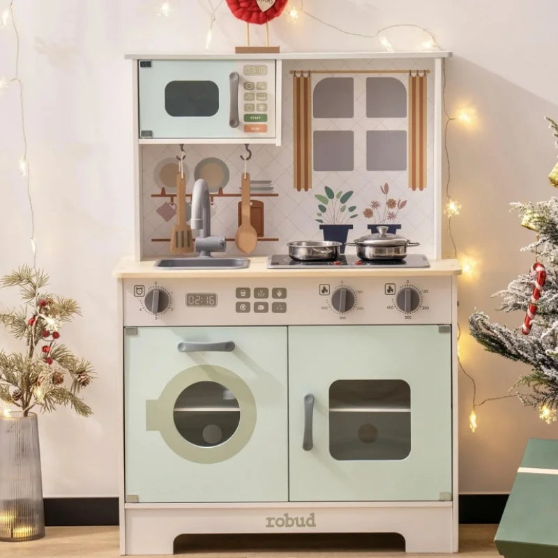 Robotime Robud Play Kitchen Wooden Pretend Playset Lights and Sounds