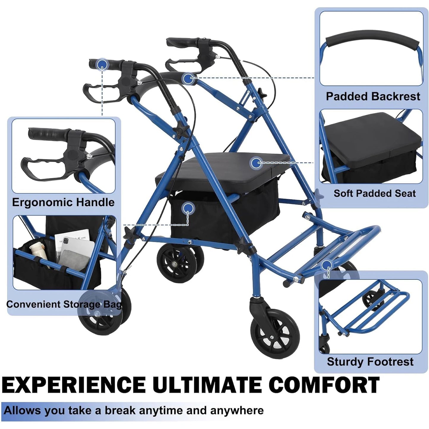 Folding 2-In-1 Rollator Walker All-Terrain Transport Wheelchair For Seniors