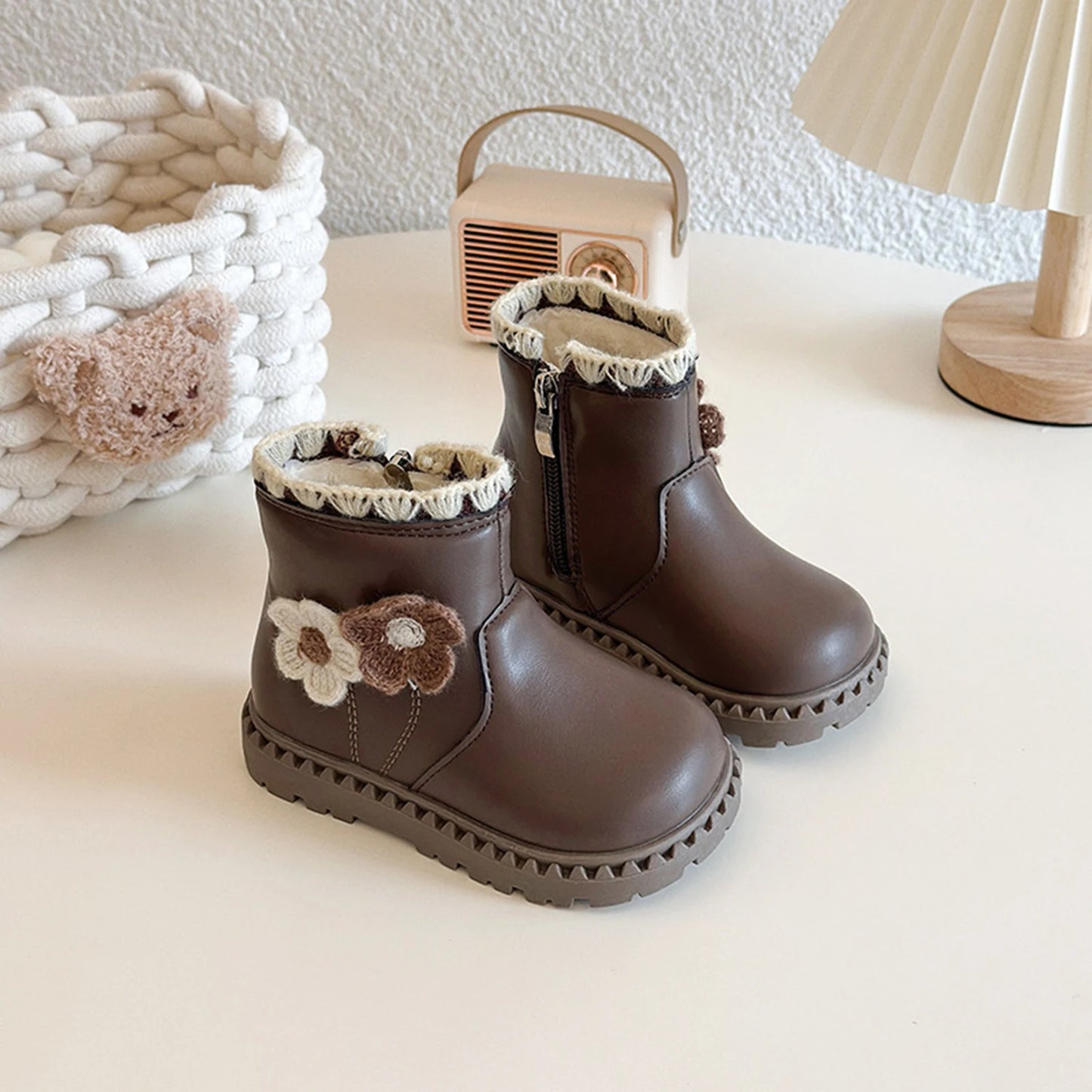 Girls Fleece Lined Winter Boots With Side Zip Anti Slip