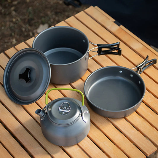 APWIKOGER Camping Cookware Set 3 Piece Outdoor Pot Pan Kettle With Mesh Bag