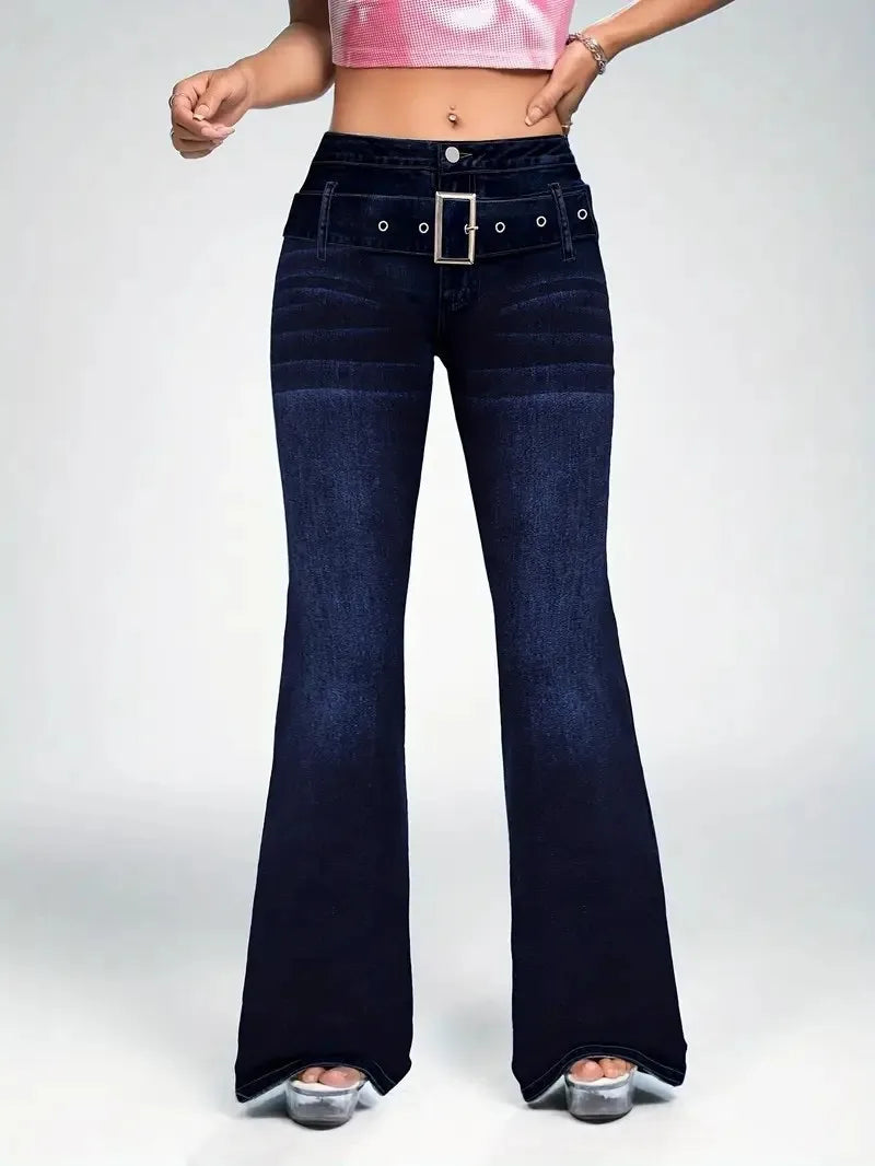 Womens Slim Fit Flare Jeans With Decorative Strap Buckle