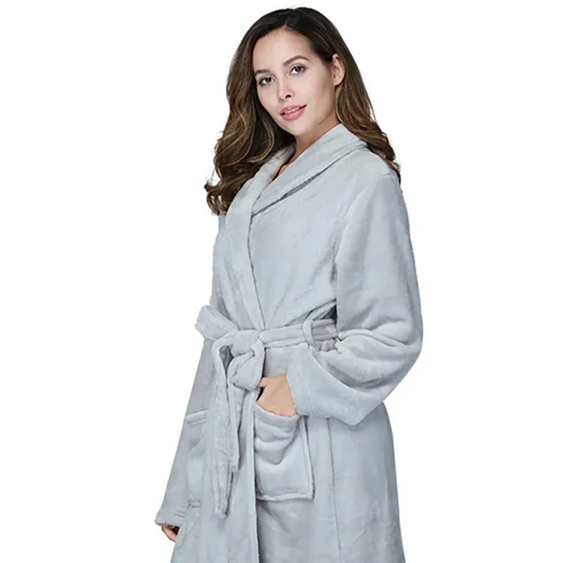 RONGTAICN Women's Winter Flannel Bathrobe Lapel Long Sleeve
