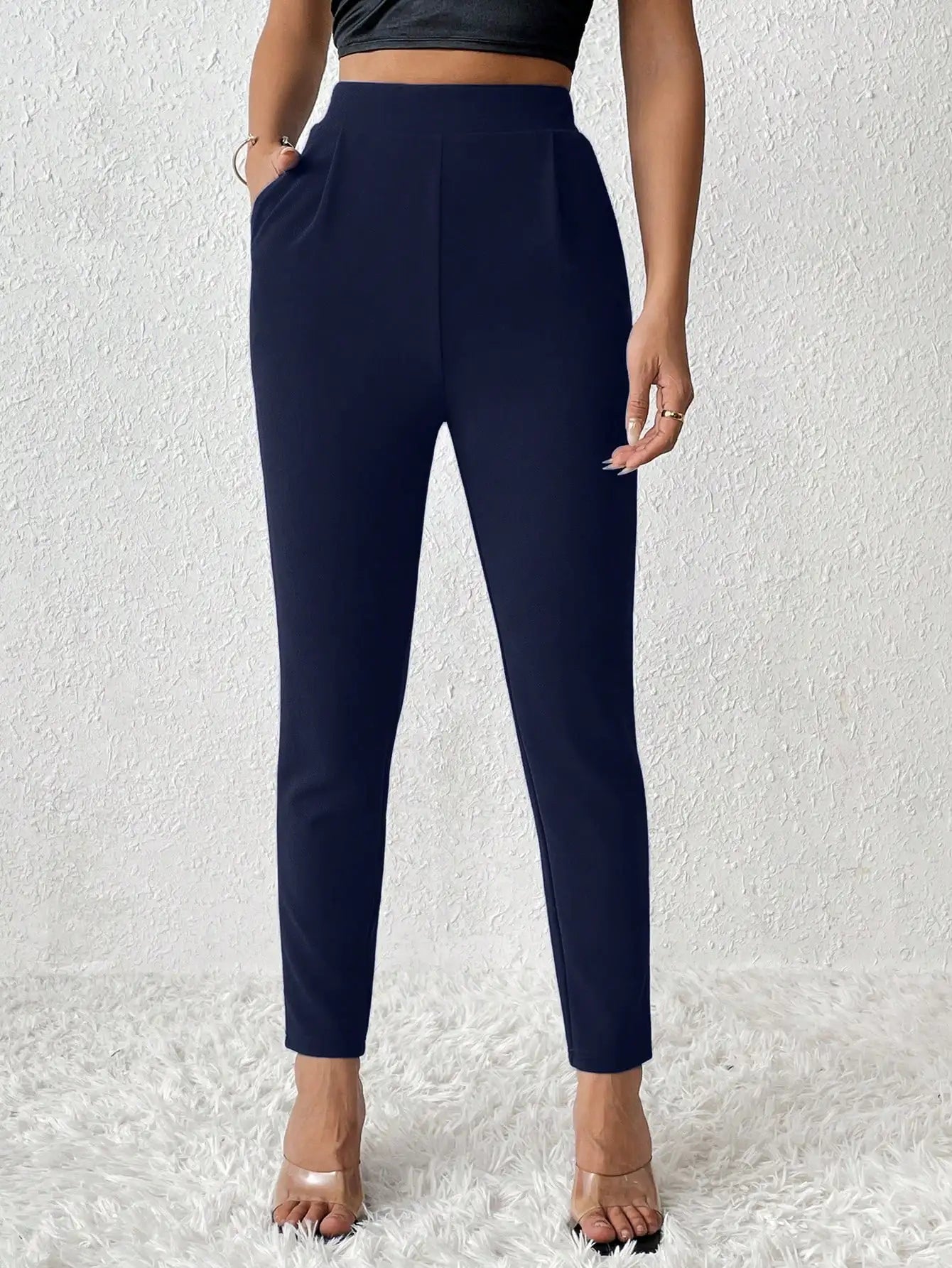 Women Slim Fit Tapered High Waist Pants With Elastic