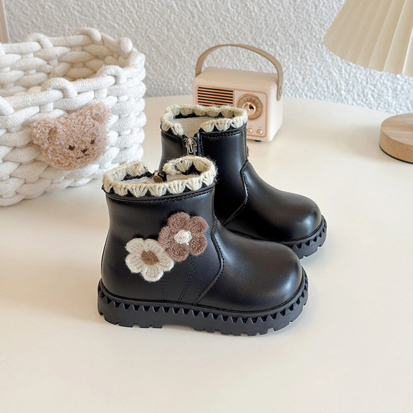 Girls Fleece Lined Winter Boots With Side Zip Anti Slip
