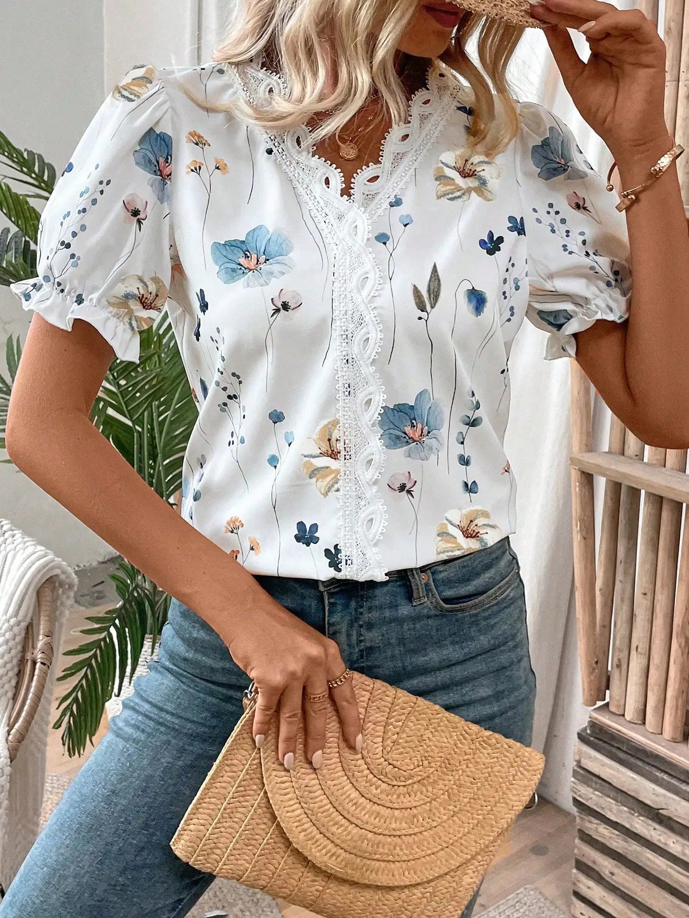 Womens Floral Print Lace Trim Puff Sleeve Top Chiffon
